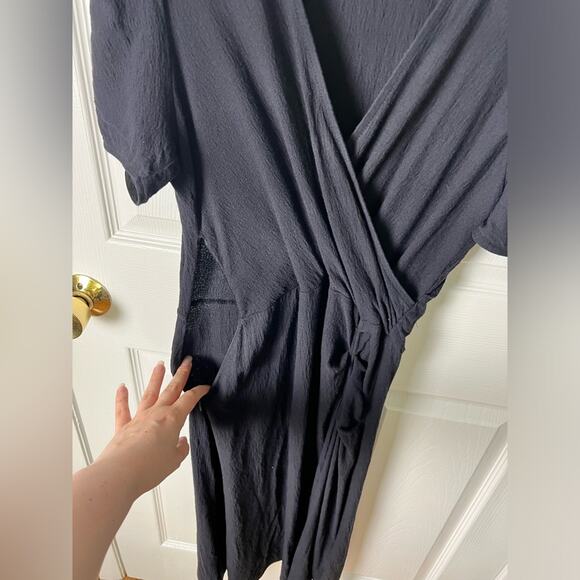 BA&SH Oya Wool Blend Dark Blue V Neck Short Sleeve Faux Wrap Office Midi Dress M - Picture 4 of 9